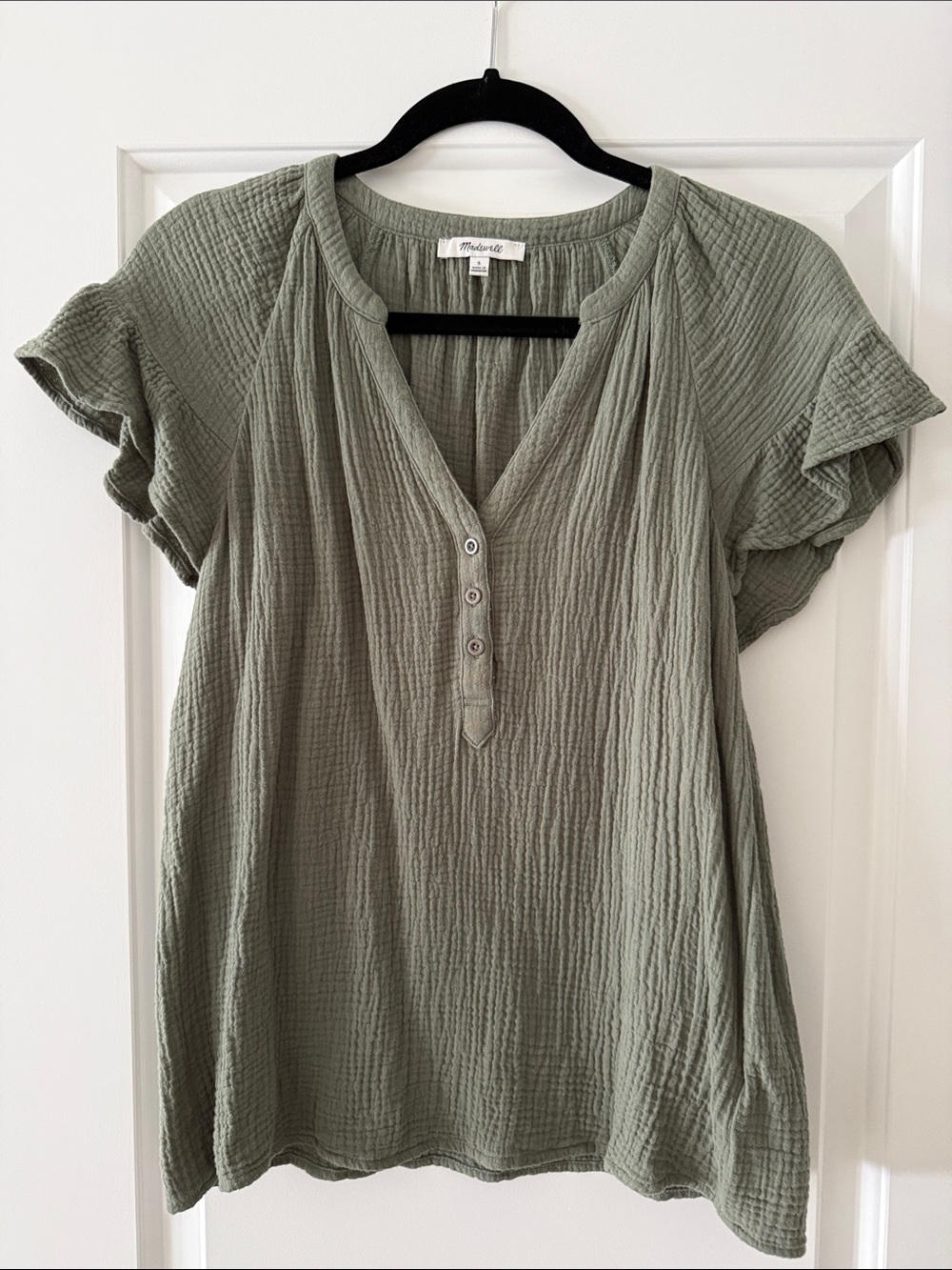 Madewell Olive Green Gauze Henley Flutter Sleeve Top